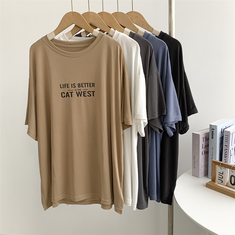 宽松大板铜氨丝字母大T恤女中长款莫代尔宽松休闲练功服打底上衣