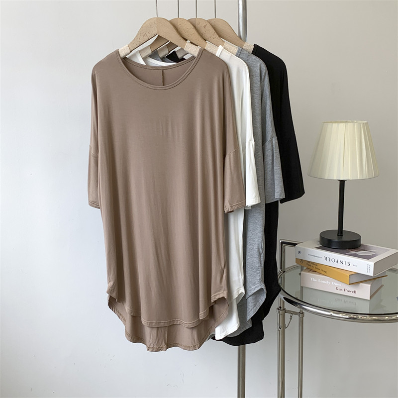 莫代尔中长款后拼接短袖t恤裙女木代尔宽松慵懒风舞蹈服居家上衣