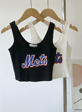 蓝色英文字母Meto小背心女夏季螺纹棉弹力瑜伽背心舞蹈服上衣吊带