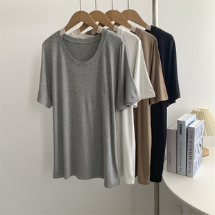 品质莫代尔大U领短袖T恤休闲弹力清凉极简纯色宽松显瘦上衣夏薄款
