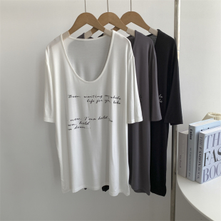 莫代尔中长款大U领字母印花短袖T恤女下身失踪中长款短袖上衣女