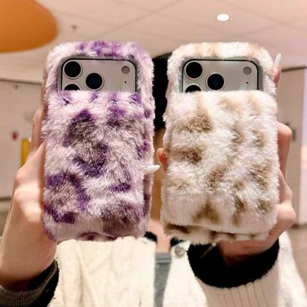 豹纹彩色毛毛绒秋冬手机壳适用opporeno14/A6pro/findx7/x8ultra/K13/k12情侣暖手腕reno15可爱x9pro软壳一加