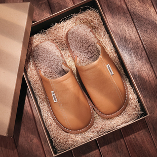 韩版真皮面棉拖鞋男女冬季居家室内防水保暖防滑软底厚底牛皮家用