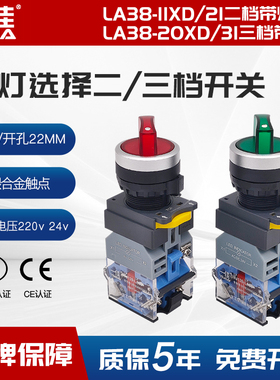一佳按钮YJ139-LA38-11XD/21带灯选择二三两档自锁旋钮开关红绿色
