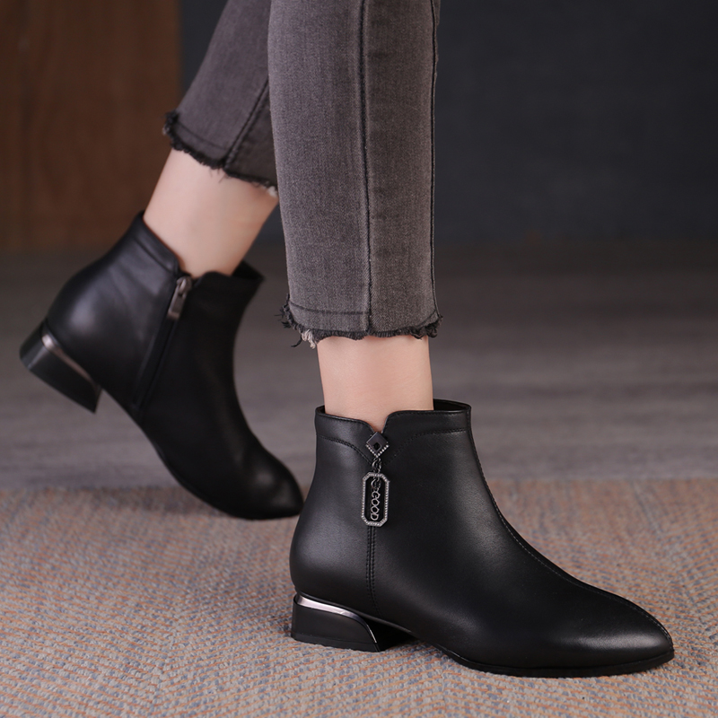 全牛皮粗跟中年妈妈棉鞋软底女靴