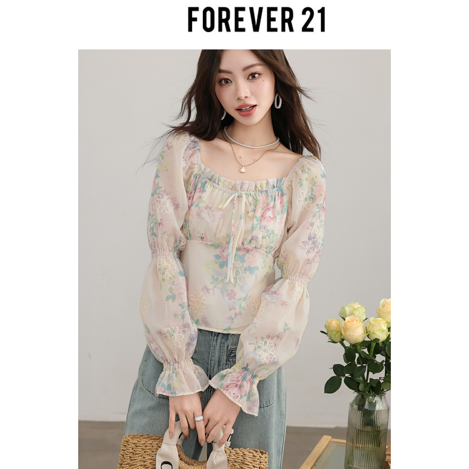 Forever 21【人间花仙子】碎花衬衫女2024夏季新款法式方领甜美长 女装/女士精品 衬衫 原图主图