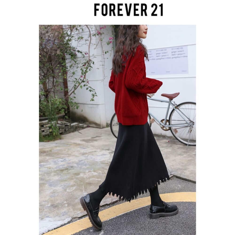 Forever 21「又巷」 黑色半身裙女2023冬季新款复古设计感毛边高 女装/女士精品 半身裙 原图主图