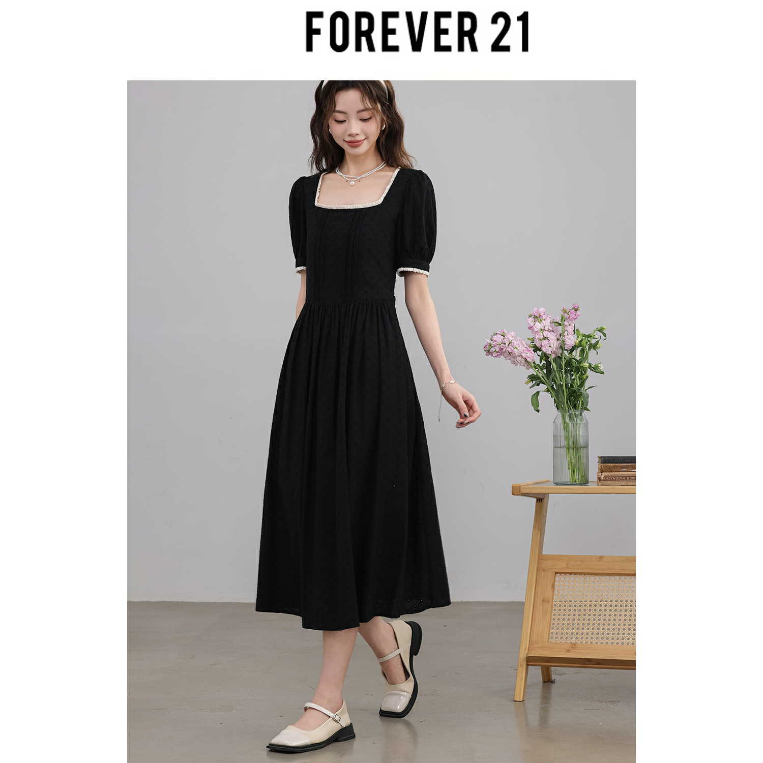 Forever 21【凡诺莎晚宴】桔梗法式连衣裙女夏季复古方领收腰泡泡 女装/女士精品 连衣裙 原图主图