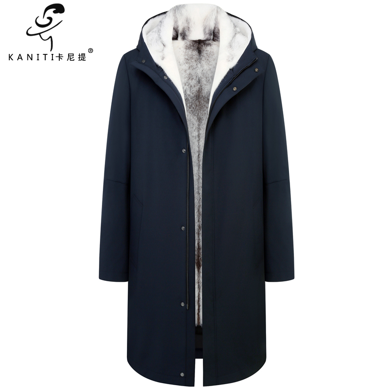 丹麦十字水貂男士连帽中长款派克服大衣貂皮毛一体风衣商务绅士款