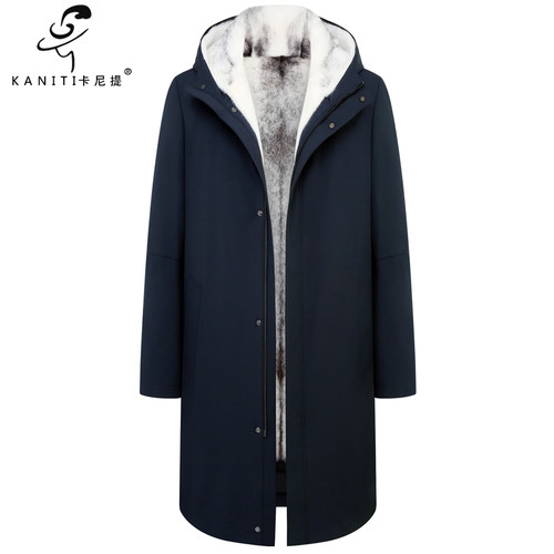 丹麦十字水貂男士连帽中长款派克服大衣貂皮毛一体风衣商务绅士款