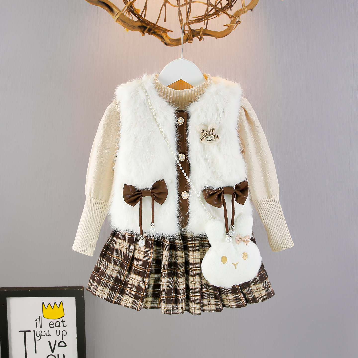 品质童装女童秋冬毛毛马甲三件套宝宝洋气时髦毛衣礼服套装连衣裙,童装/婴儿装/亲子装,套装,淘宝优惠券,粉丝福利购,淘宝优惠卷