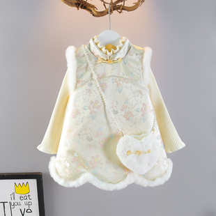 女童冬装 连衣裙宝宝洋气周岁礼服公主裙中国风拜年服加厚两件套装