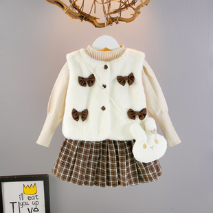 女童秋冬加绒连衣裙2025新款 宝宝保暖马甲毛衣格子裙 洋气时髦套装