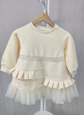 秋连衣裙长袖网纱拼接荷叶边女童空气层裙公主绿色