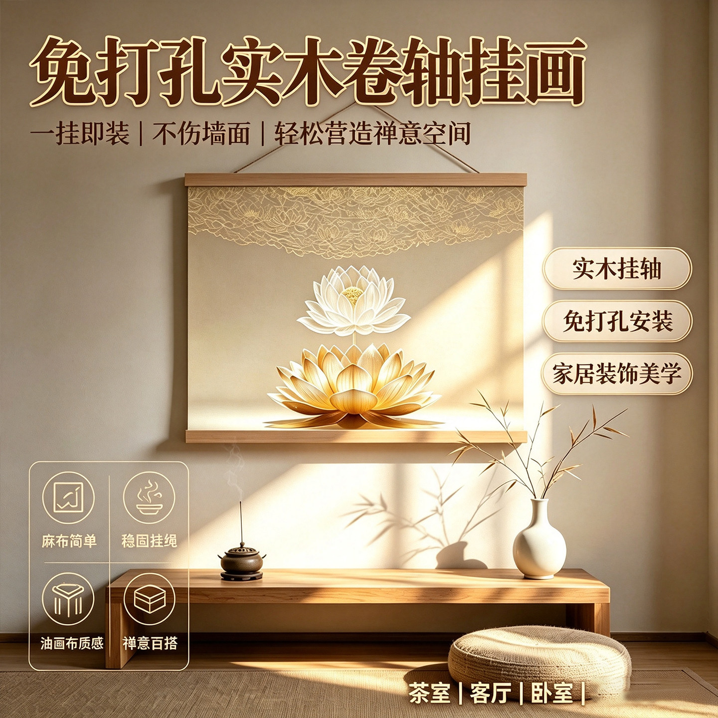新中式禅意金色莲花卷轴挂画免打孔电表箱遮挡茶室玄关书房装饰画