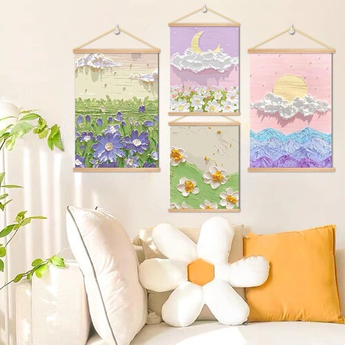 肌理花海治愈系免打孔卷轴挂画