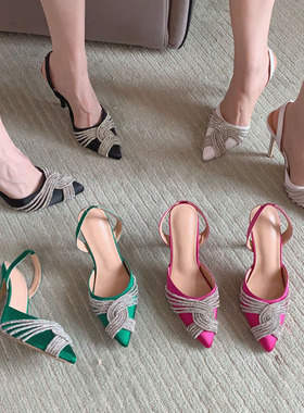 代发批发欧美外贸奢华水钻宴会鞋尖头仿真丝超高跟凉鞋 四色入