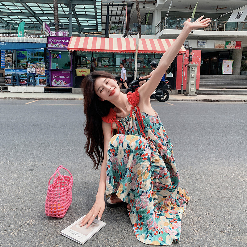法式度假风碎花吊带连衣裙女2025夏季新款韩版宽松显瘦茶歇长裙子,女装连衣裙,2C103
