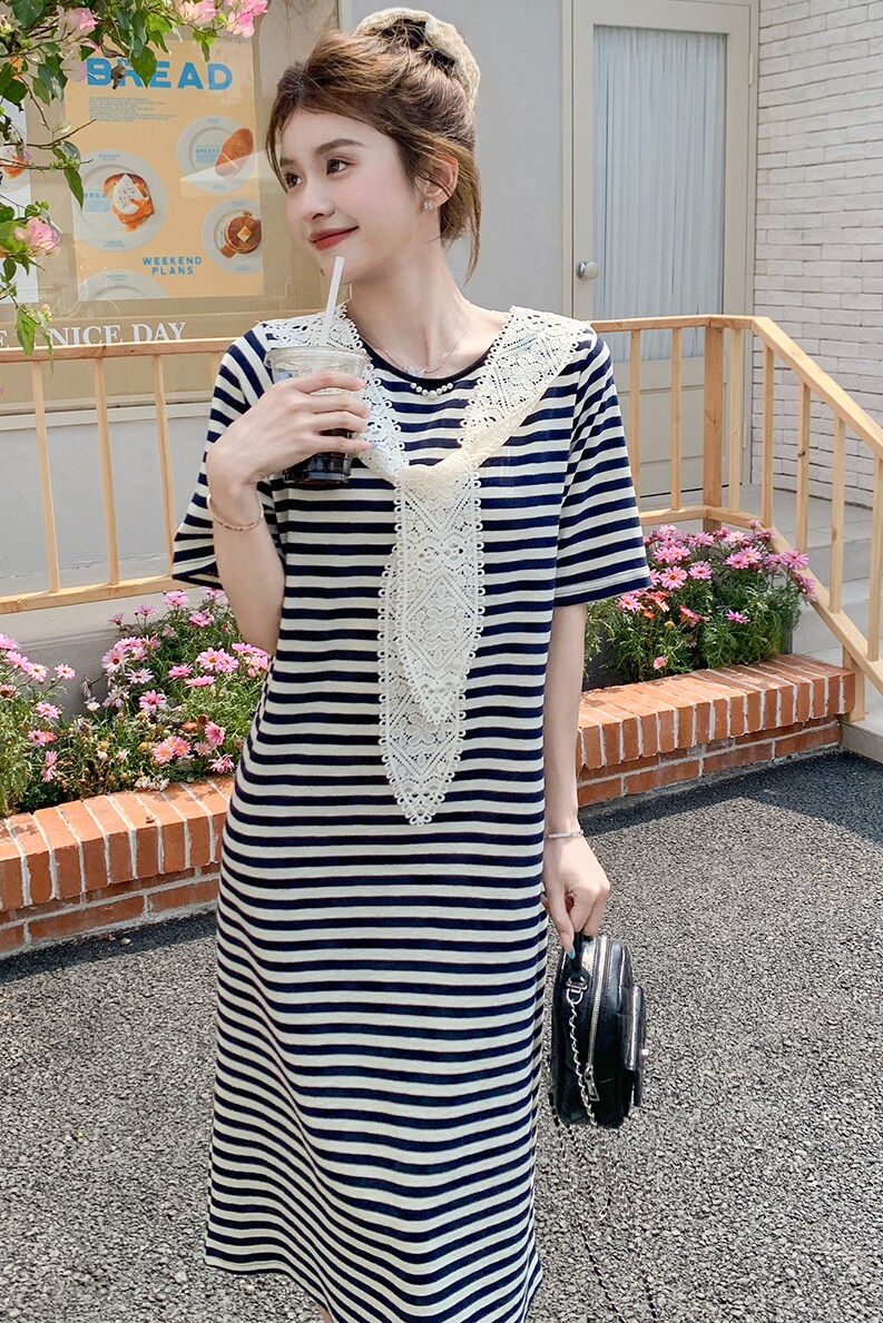 小香风蕾丝披肩条纹连衣裙2025新款女初夏小个子超火甜美减龄裙子,女装连衣裙,2C103