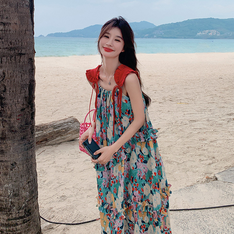 法式度假风碎花吊带连衣裙女2025夏季新款韩版宽松显瘦茶歇长裙子,女装连衣裙,2C103