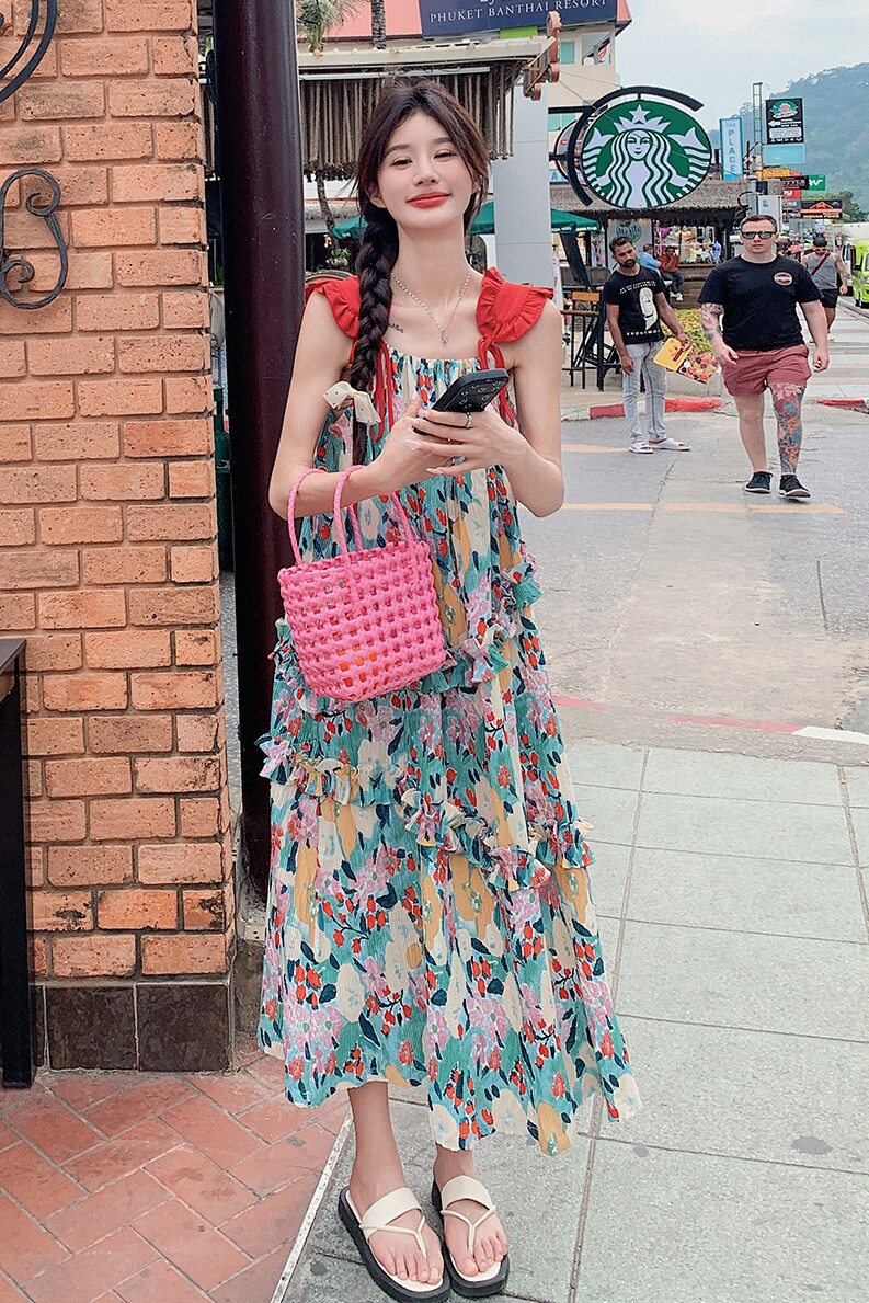 法式度假风碎花吊带连衣裙女2025夏季新款韩版宽松显瘦茶歇长裙子,女装连衣裙,2C103