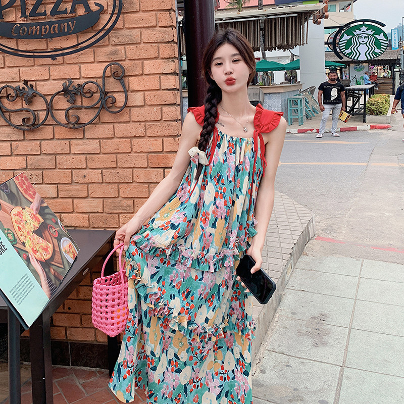 法式度假风碎花吊带连衣裙女2025夏季新款韩版宽松显瘦茶歇长裙子,女装连衣裙,2C103