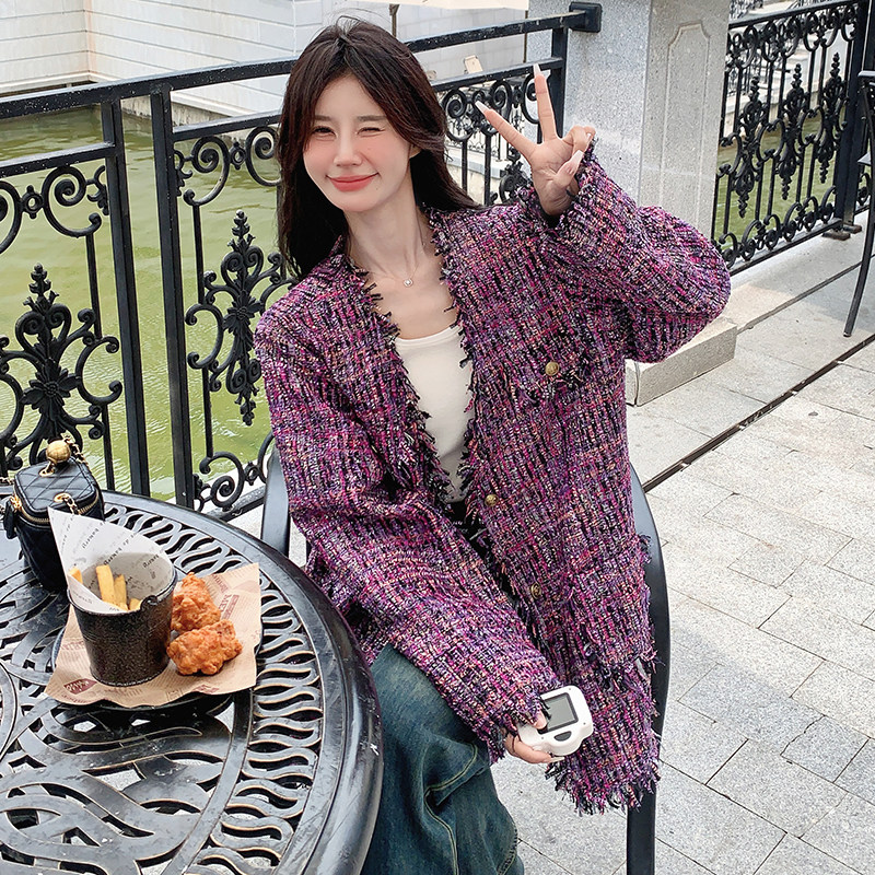 韩版高级感紫色小香风外套女2025春秋季新款气质显瘦减龄名媛上衣,女装短外套,2C103