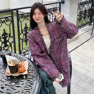 韩版高级感紫色小香风外套女2025春秋季新款气质显瘦减龄名媛上衣图片