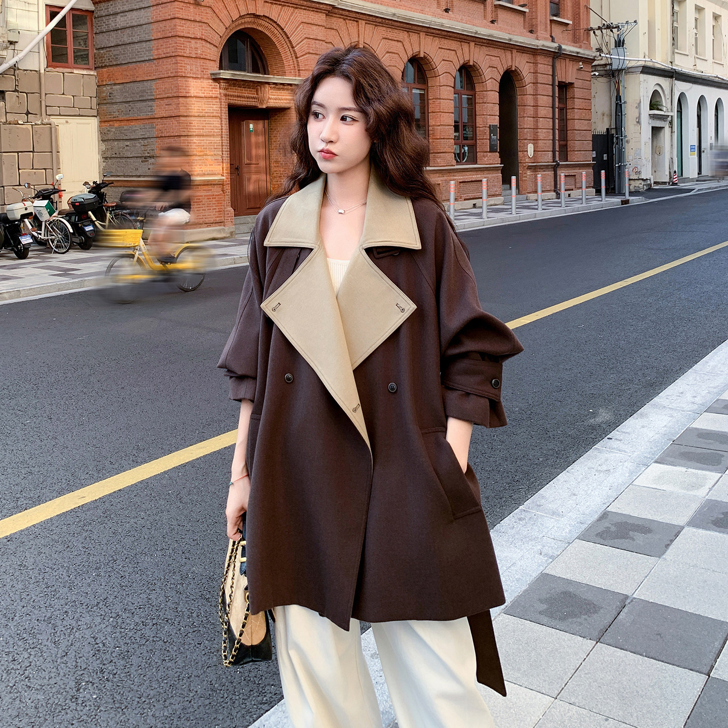 咖色高级感时尚毛呢外套女2025冬季新款韩版收腰显瘦百搭呢子大衣,女装短外套,2C103
