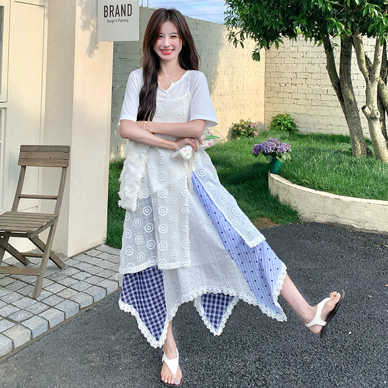 清新松弛感温柔三件套女2025夏季提花吊带短袖不规则半身裙套装潮图片