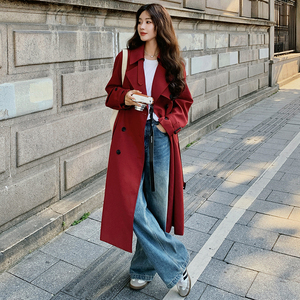 超好看红双排扣风衣女2025春秋新款英伦风长款过膝宽松外套图片