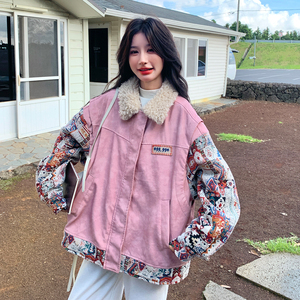 粉色拼皮印花派克服女2025年冬季新款小个子保暖加厚兔毛内胆棉服图片