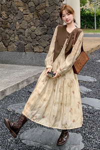 独特绝美碎花连衣裙套装女2025春季新款温柔风气质显瘦马甲两件套图片