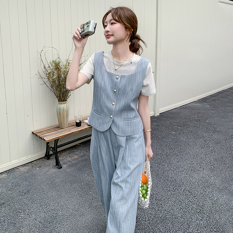 法式T恤蓝色马甲阔腿裤套装女夏休闲气质三件套韩系穿搭大方得体,女装套装/套裙,2C103