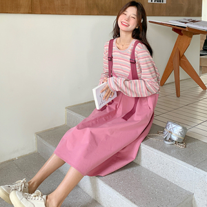 多巴胺粉色条纹拼接假两件背带连衣裙女2025春秋新款甜美减龄裙子图片