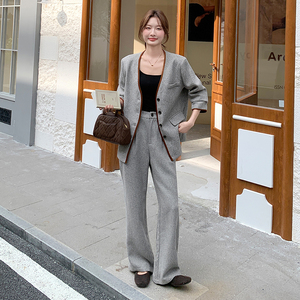 灰色撞色西装外套阔腿裤套装女2025年春秋季新款高级感显瘦两件套图片