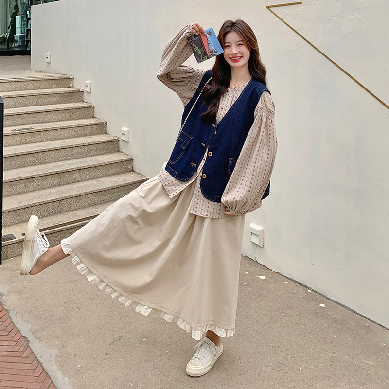 慵懒风碎花衬衫牛仔马甲套装裙女2025秋季新款小个子半身裙三件套,女装套装/套裙,2C103