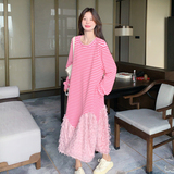 长袖条纹韩版可爱风拼接连衣裙中长款秋季甜美连袖，女装连衣裙，2C103