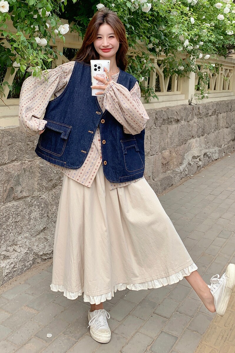 慵懒风碎花衬衫牛仔马甲套装裙女2025秋季新款小个子半身裙三件套,女装套装/套裙,2C103