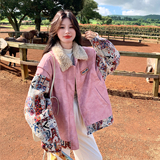 粉色拼皮印花派克服女2025年冬季新款小个子保暖加厚兔毛内胆棉服，女装短外套，2C103