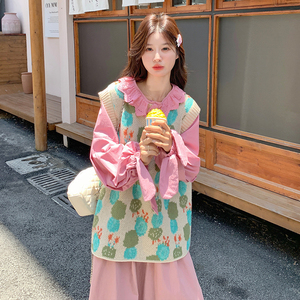 粉色蕾丝花边衬衫休闲套装女2025春秋季新款针织马甲半身裙三件套图片
