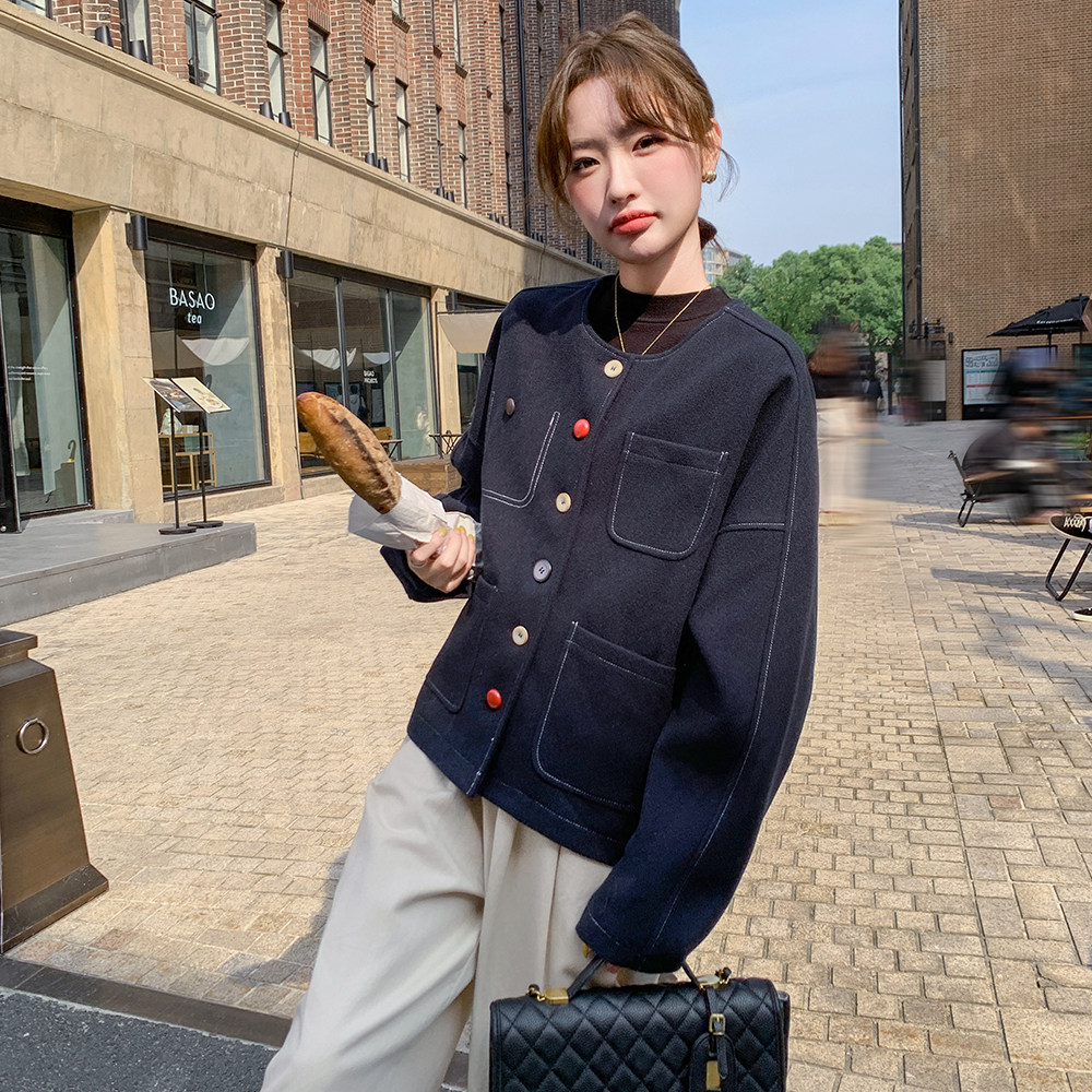 韩版无领藏蓝色短外套女2025春季新款独特漂亮超好看不撞衫棒球服,女装短外套,2C103