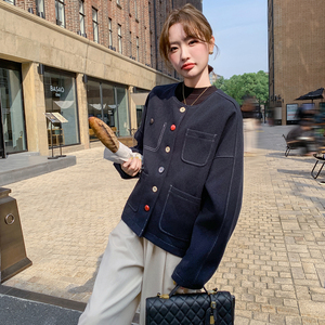 韩版无领藏蓝色短外套女2025春季新款独特漂亮超好看不撞衫棒球服图片