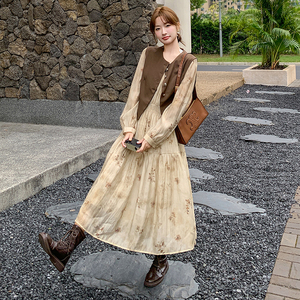 独特绝美碎花连衣裙套装女2025春季新款温柔风气质显瘦马甲两件套图片
