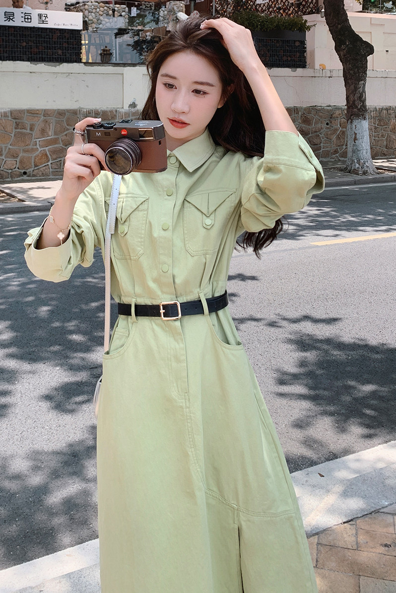 高级感超好看绿色衬衫连衣裙女春装2025秋冬新款系带收腰开叉长裙,女装连衣裙,2C103