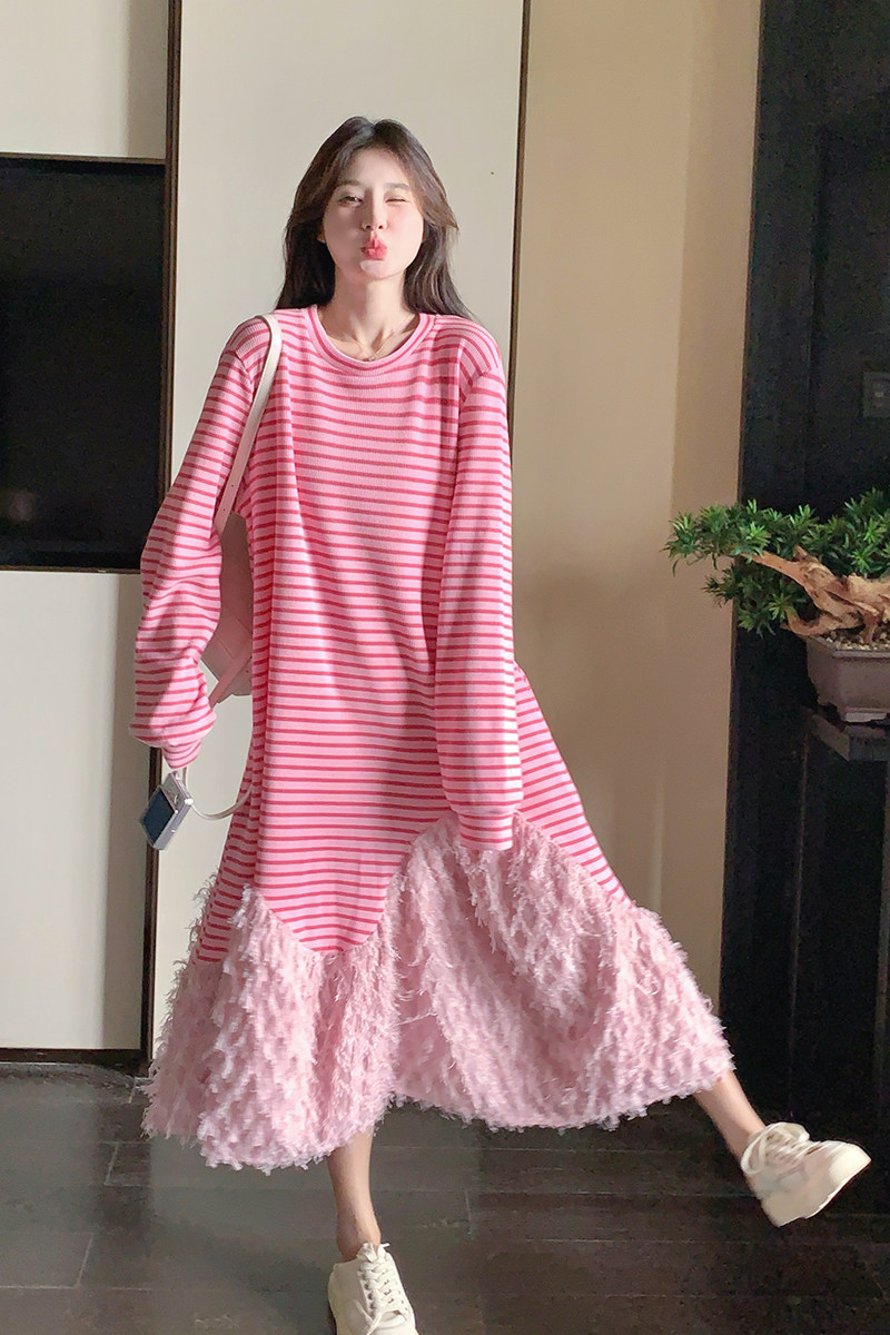 长袖条纹韩版可爱风拼接连衣裙中长款秋季甜美连袖,女装连衣裙,2C103