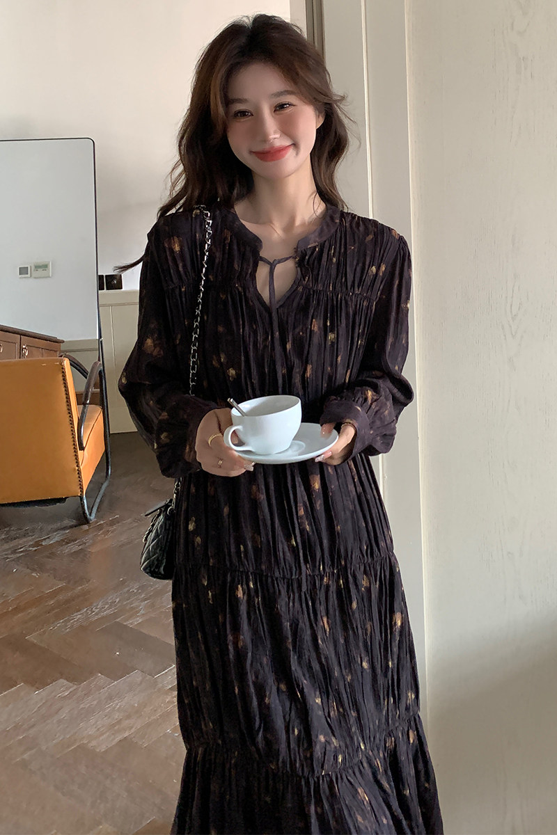 法式复古气质长袖连衣裙女2025春秋季新款宽松显瘦茶歇碎花长裙子,女装连衣裙,2C103