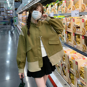 高级小众韩系chic绿色皮衣外套女春秋超火好看独特漂亮短夹克上衣图片