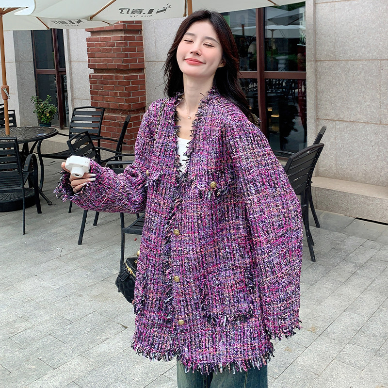 韩版高级感紫色小香风外套女2025春秋季新款气质显瘦减龄名媛上衣,女装短外套,2C103
