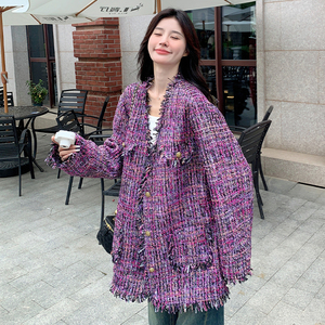 韩版高级感紫色小香风外套女2025春秋季新款气质显瘦减龄名媛上衣图片
